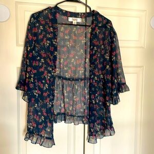 Women’s S sheer open front cardigan floral dark blue feminine flowy 3/4 sleeve